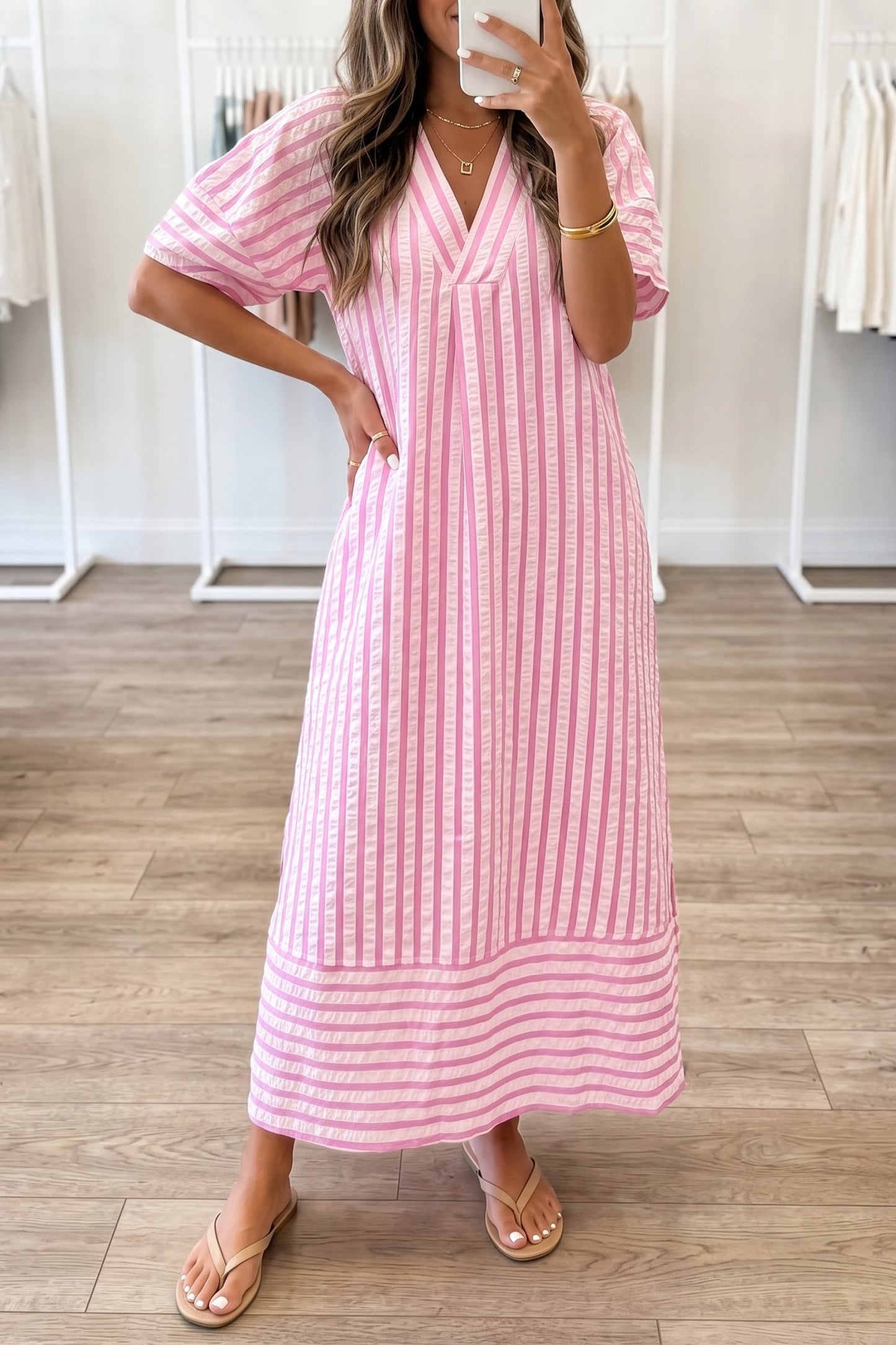 Stripe Short Sleeve V-Neck Maxi Dress
