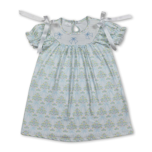 Short sleeves bow smocked floral baby girls dresses