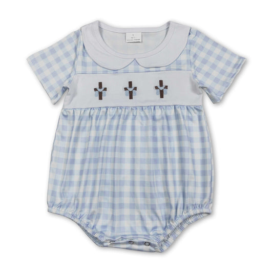 Light blue plaid cross embroidery baby boy Easter romper
